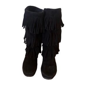 Minnetonka Women's 3 Layer Fringe Calf Boots US 7 Black Suede Leather Moccasin